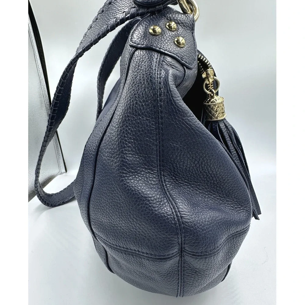 Onna Ehrlich Rachel Navy Blue Pebbled Leather Fold-Over Bag Tassel ASO Cam Diaz